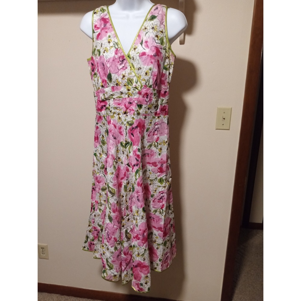 Floral V-Neck Midi Dress Pink White Green Sleeveless A-Line Garden Party
